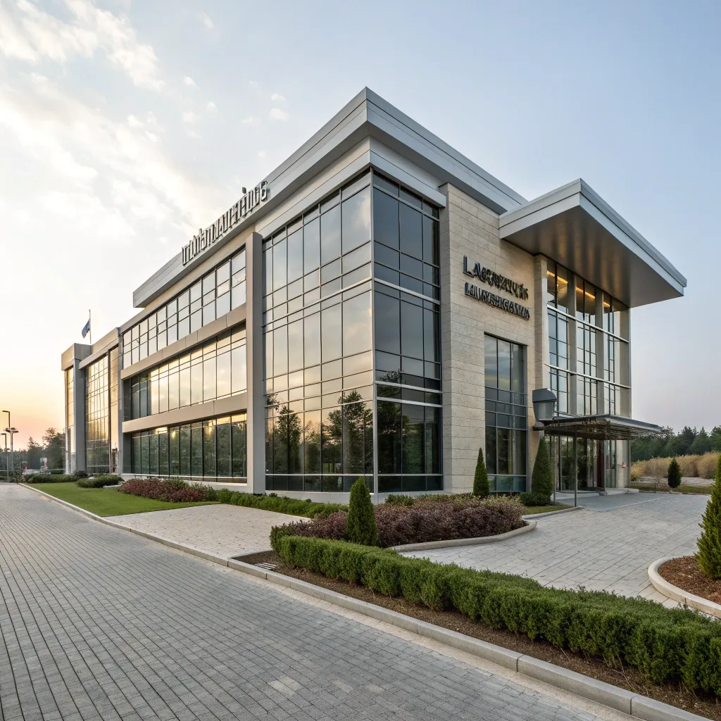 Stylish office building representing the LYRANTHOS headquarters